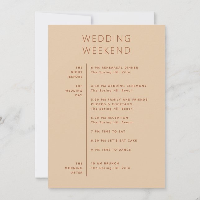 Wedding Weekend Schedule | Timeline Peach Sand Invitation (Back)