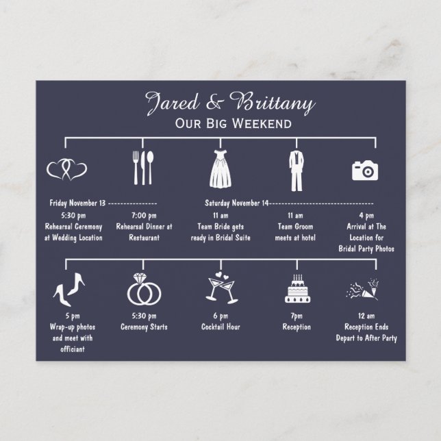 Wedding Weekend Timeline Itinerary Invitation Postcard (Front)