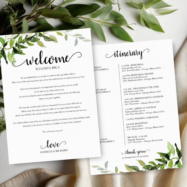 Wedding Weekend Welcome Itinerary Elegant Greenery (Creator Uploaded)