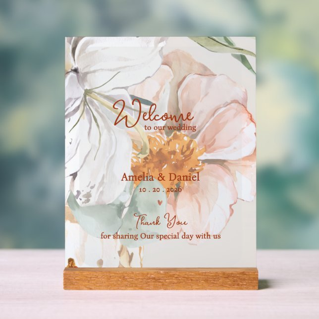 Wedding Welcome Acrylic Sign | Blush Peach Floral (Neutral)