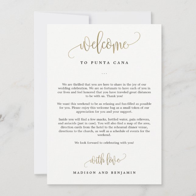 Wedding Welcome And Itinerary Card Faux Gold (Front)