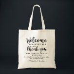 Wedding Welcome and Thank You Hotel Gift Bag<br><div class="desc">Make your wedding and out of town guest feel special with this welcome/thank you tote bag. Personalise the bag by adding your wedding location, 2 lines of custom text and your names. Timeless and classic, yet chic and stylish . . . perfect as a gift bag for your out of...</div>