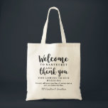 Wedding Welcome and Thank You Hotel Gift Bag<br><div class="desc">Make your wedding and out of town guest feel special with this welcome/thank you tote bag. Personalise the bag by adding your wedding location, 2 lines of custom text and your names. Timeless and classic, yet chic and stylish . . . perfect as a gift bag for your out of...</div>