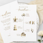 Wedding Welcome and Timeline Card White and Gold<br><div class="desc">Welcome your guests with this gorgeous card with elegant timeline on the front and welcoming message on the back. White and gold Timeline and welcome design. Modern hand written calligraphy elements in faux gold foil. Ability to "grab and move" timeline icon images to different order to suit your event by...</div>