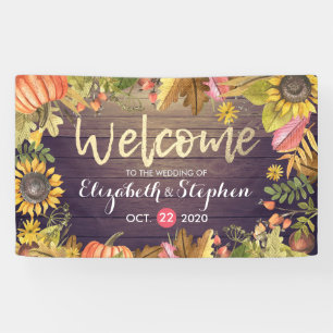 Wedding Welcome Autumn Maple Leaves Pumpkins Wood Banner