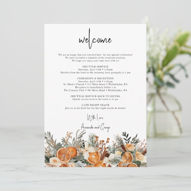 Wedding Welcome Bag Letter Itinerary Fall winter Holiday Card (Standing Front)