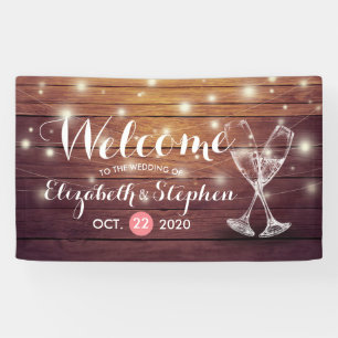 Wedding Welcome Banner Champagne Glass Wood Lights