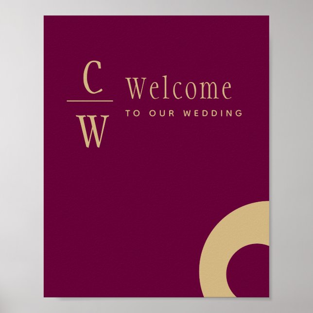 Wedding Welcome Berry Wine Gold Monogrammed Sign (Front)
