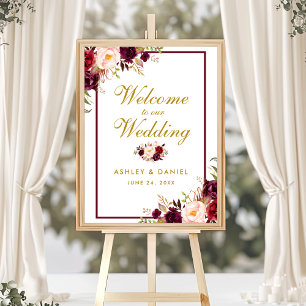 Wedding Welcome Burgundy Gold Watercolor Floral Poster