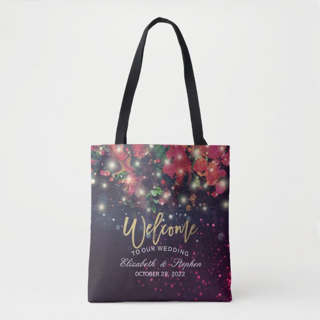 Wedding Welcome Burgundy Red Floral String Lights Tote Bag (Front)