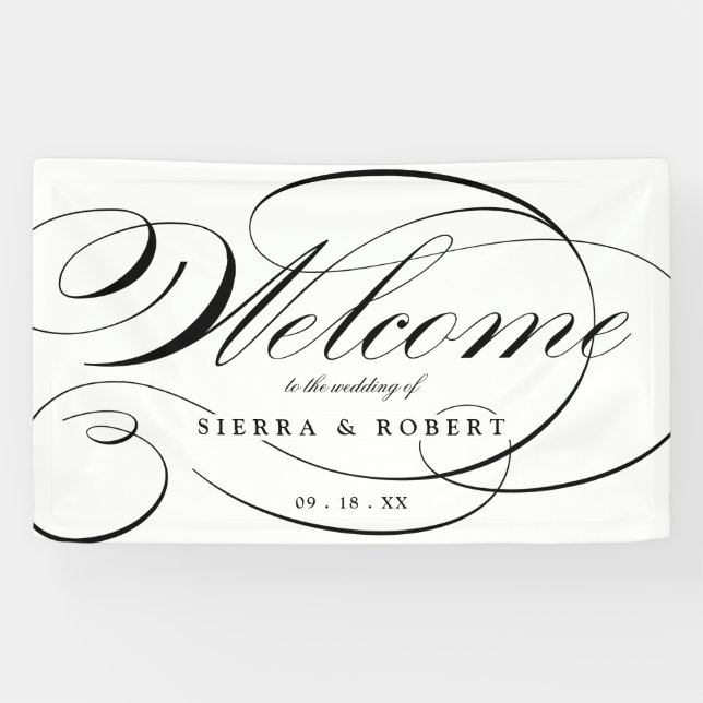 Wedding Welcome Elegant Script Black and White Banner (Horizontal)