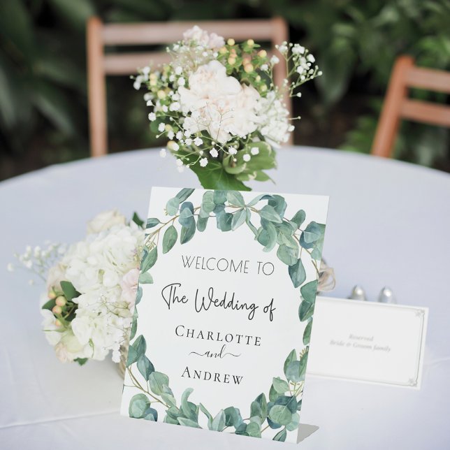 Wedding welcome eucalyptus greenery names pedestal sign (Creator Uploaded)