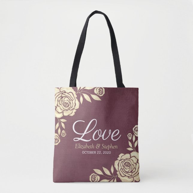 Wedding Welcome Favour Chic Gold Roses Burgundy Re Tote Bag (Front)