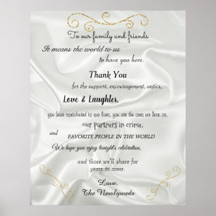 Wedding Welcome Gold Glitter, White Satin, Poster