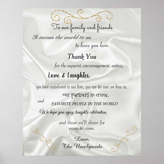  Wedding Welcome Gold Glitter, White Satin,  Poster (Front)