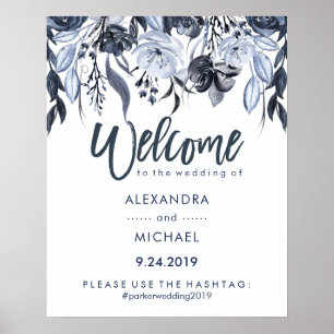 Wedding Welcome Hashtag Dark Blue Floral Poster