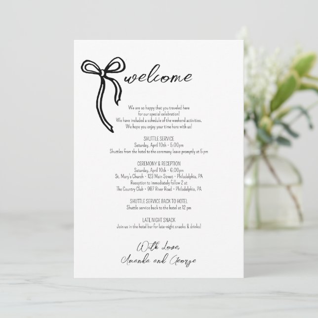 Wedding Welcome Itinerary hand illustrated bow Holiday Card (Standing Front)