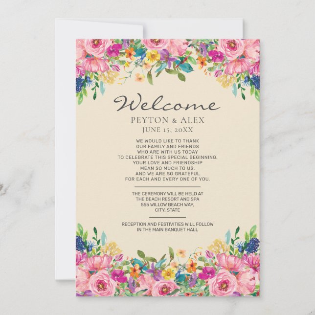 Wedding Welcome Itinerary Pink Yellow Wildflowers (Front)
