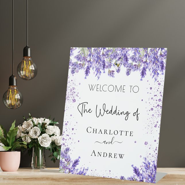 Wedding welcome lavender florals names script pedestal sign (Creator Uploaded)