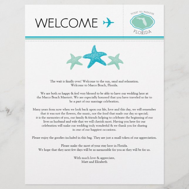Wedding Welcome Letter for Florida (Front)