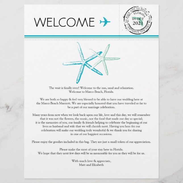 Wedding Welcome Letter for Florida (Front)
