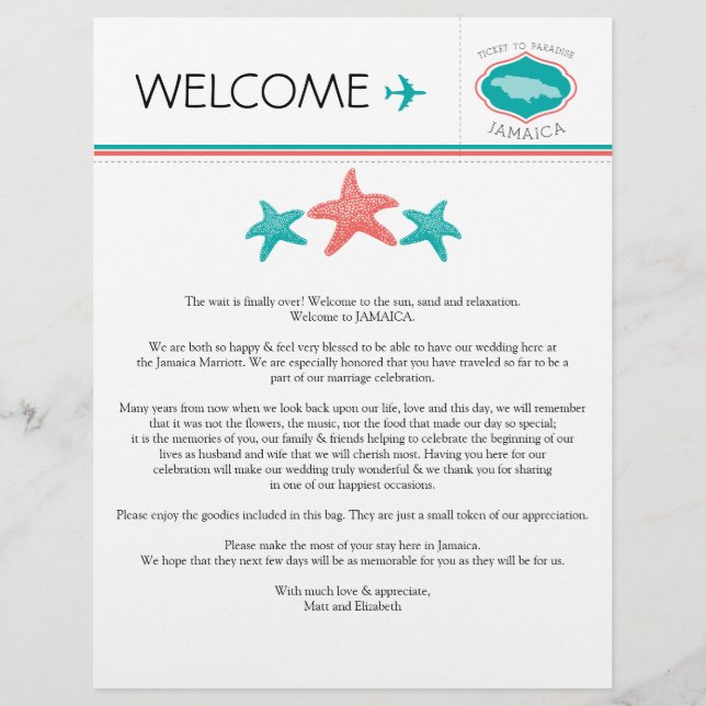 Wedding Welcome Letter for Jamaica (Front)