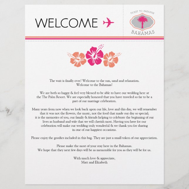 Wedding Welcome Letter for the Bahamas (Front)
