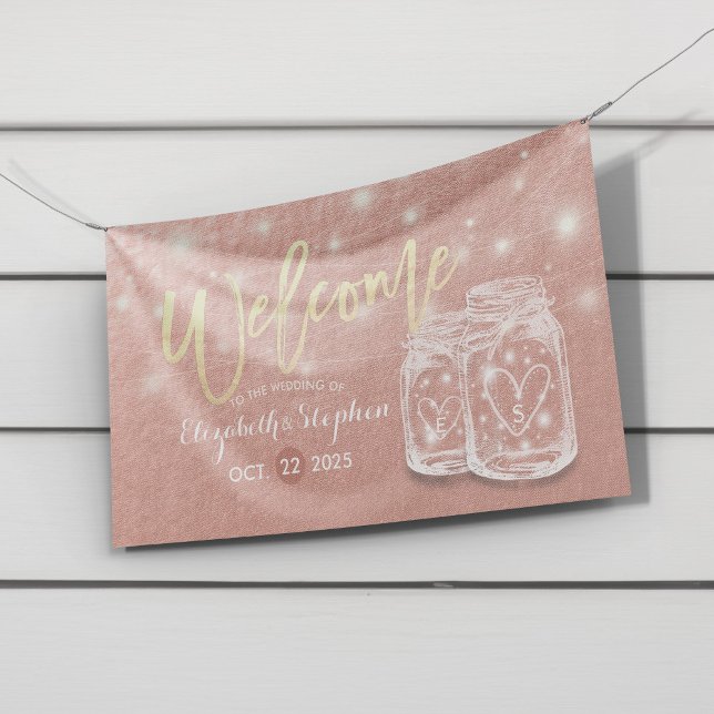 Wedding Welcome Mason Jars String Lights Rose Gold Banner (Creator Uploaded)