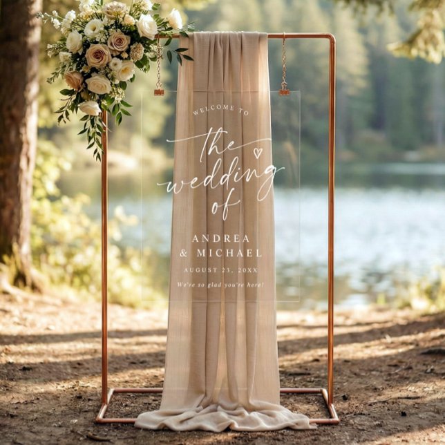 Wedding Welcome Modern Handwriting Heart Acrylic Sign (Clear acrylic wedding welcome sign with hand lettered script and heart accent)