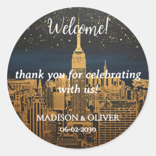 Wedding welcome New York City golden Skyline  Classic Round Sticker