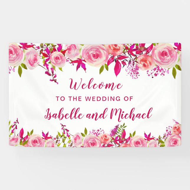 Wedding Welcome Pink Rose Berry Watercolor Floral Banner (Horizontal)
