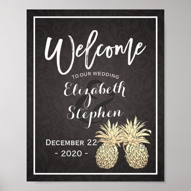 Wedding Welcome Poster Black Gold Pineapple Couple (Front)
