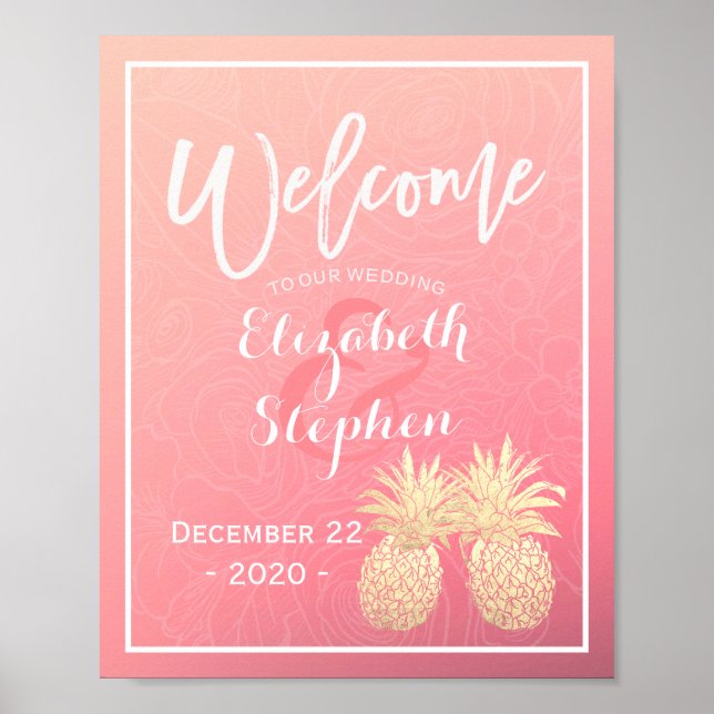 Wedding Welcome Poster Pink Gold Pineapple Couple (Front)