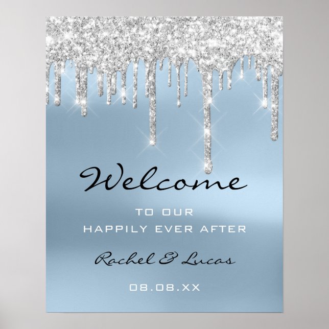 Wedding Welcome Poster Silver Grey Drips Blue (Front)