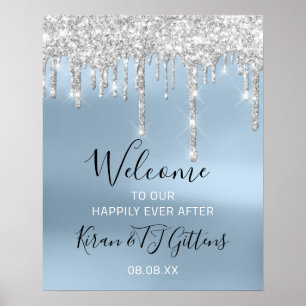 Wedding Welcome Poster Silver Grey Drips Blue