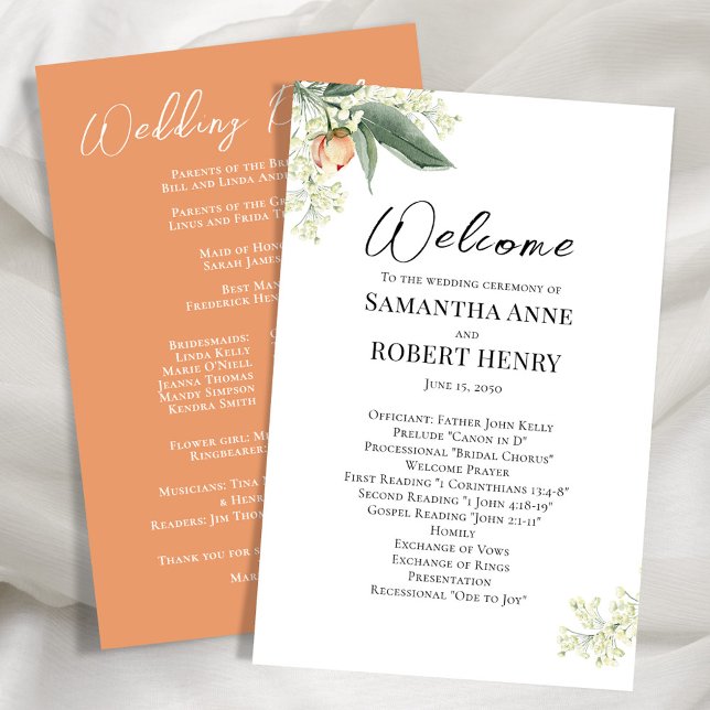 Wedding Welcome Program Floral Calligraphy Script (Wedding program with peach and floral design.)
