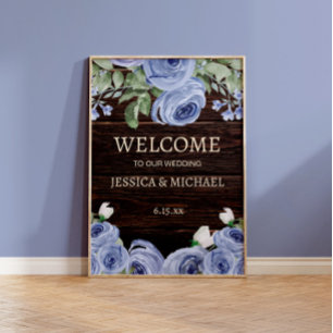 Wedding Welcome Rustic Wood Blue Floral  Poster