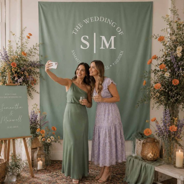 Wedding Welcome Selfie Sign Sage Green Monogram Tapestry (Custom sage green wedding backdrop for selfie stations, guest photos, and wedding receptions.)