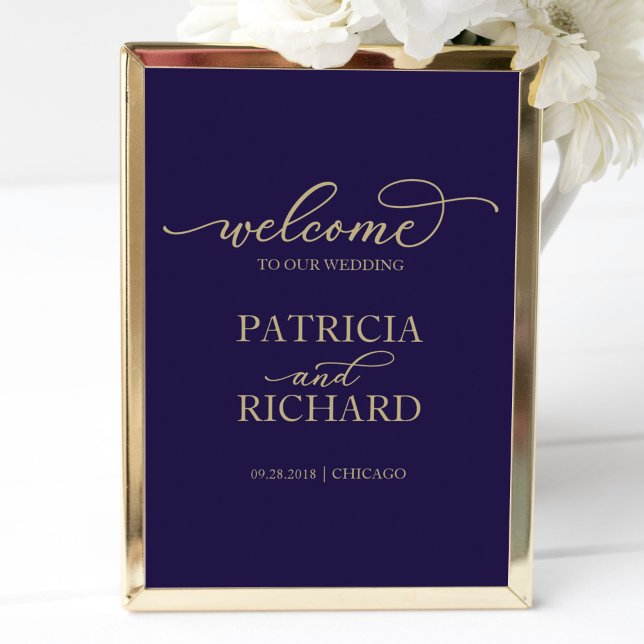 Wedding Welcome Sign | Chic Gold Script Navy Blue (Creator Uploaded)