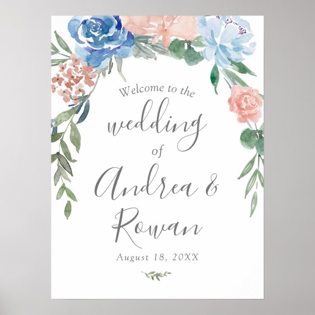 Wedding Welcome Sign Dusty Blue and Pink Floral (Front)
