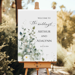 Wedding welcome sign elegant greenery and roses