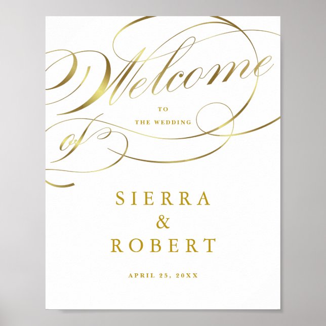 Wedding Welcome Sign Fancy Faux Gold Script (Front)