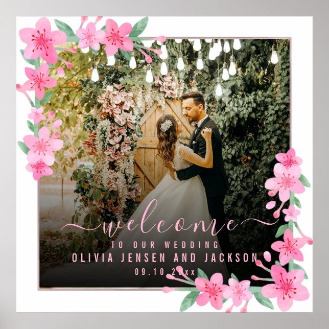 Wedding Welcome Sign floral with chic Black Script (Front)