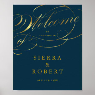 Wedding Welcome Sign Navy Blue Gold Script
