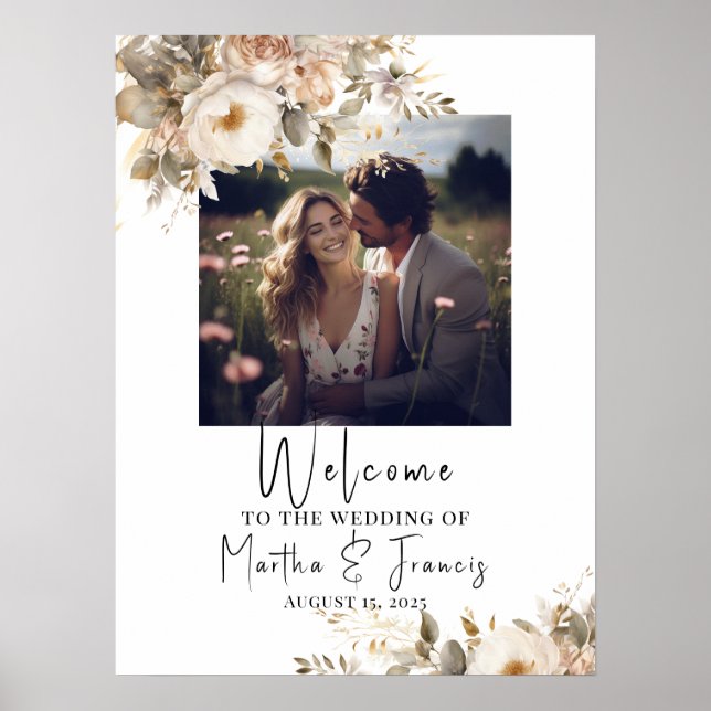 Wedding welcome sign, photo & watercolor flowers poster (Front)