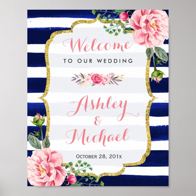 Wedding Welcome Sign Pink Floral Navy Stripes (Front)