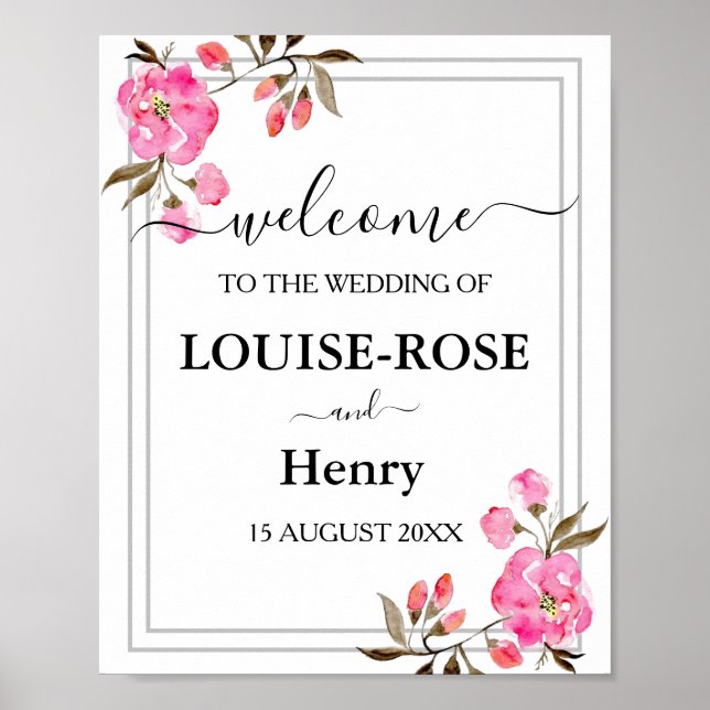 Wedding Welcome Sign - Pink Rose Gray Boarder (Front)