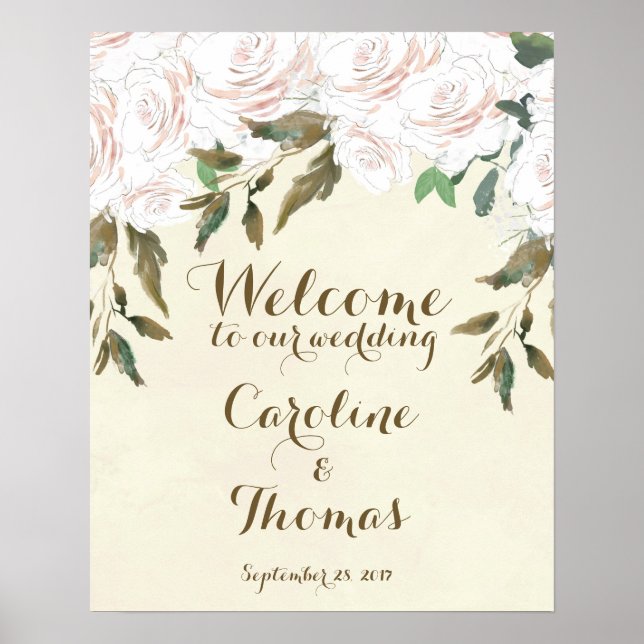 Wedding welcome sign poster elegant white floral (Front)