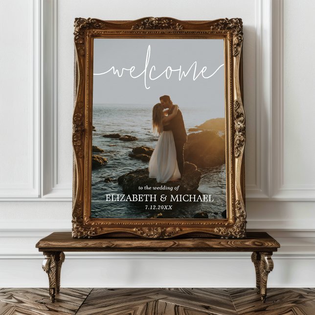 Wedding Welcome Sign Poster Photo White Script (Wedding welcome sign poster with your favorite photo and details in white lettering)