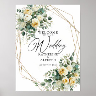 Wedding welcome sign, roses and greenery poster